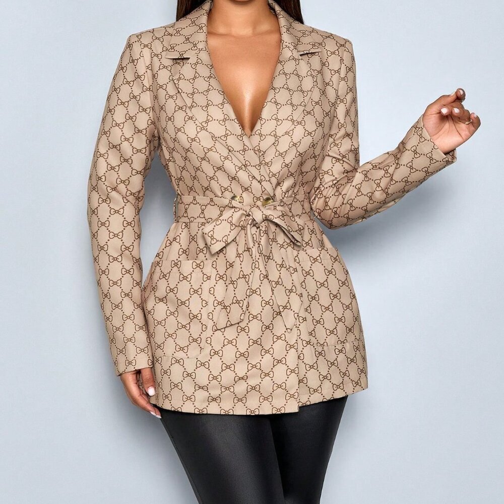Khaki Elegant Women's Cinched Waist Blazer - Picture 3 of 7